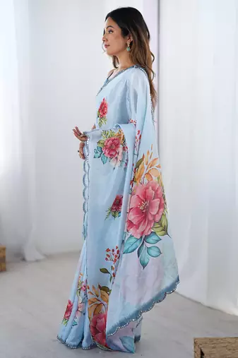 aqua blue heavy chiffon mirror work saree
