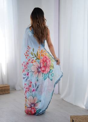 aqua blue heavy chiffon mirror work saree 4