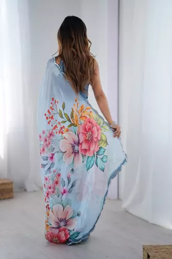 aqua blue heavy chiffon mirror work saree