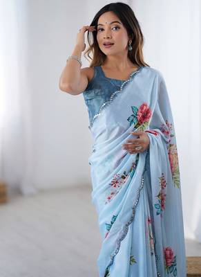 aqua blue heavy chiffon mirror work saree 5