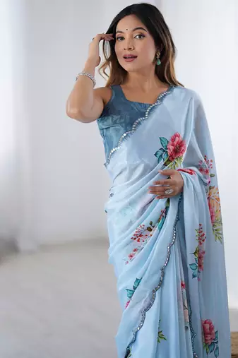 aqua blue heavy chiffon mirror work saree