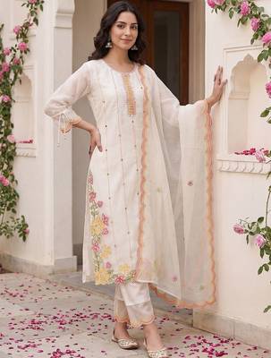 Women Floral Embroidered Regular Mirror Work Kurta with Trousers & With Dupatta 1