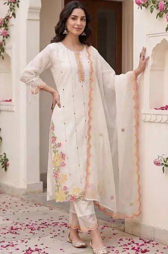 Women Floral Embroidered Regular Mirror Work Kurta with Trousers & With Dupatta