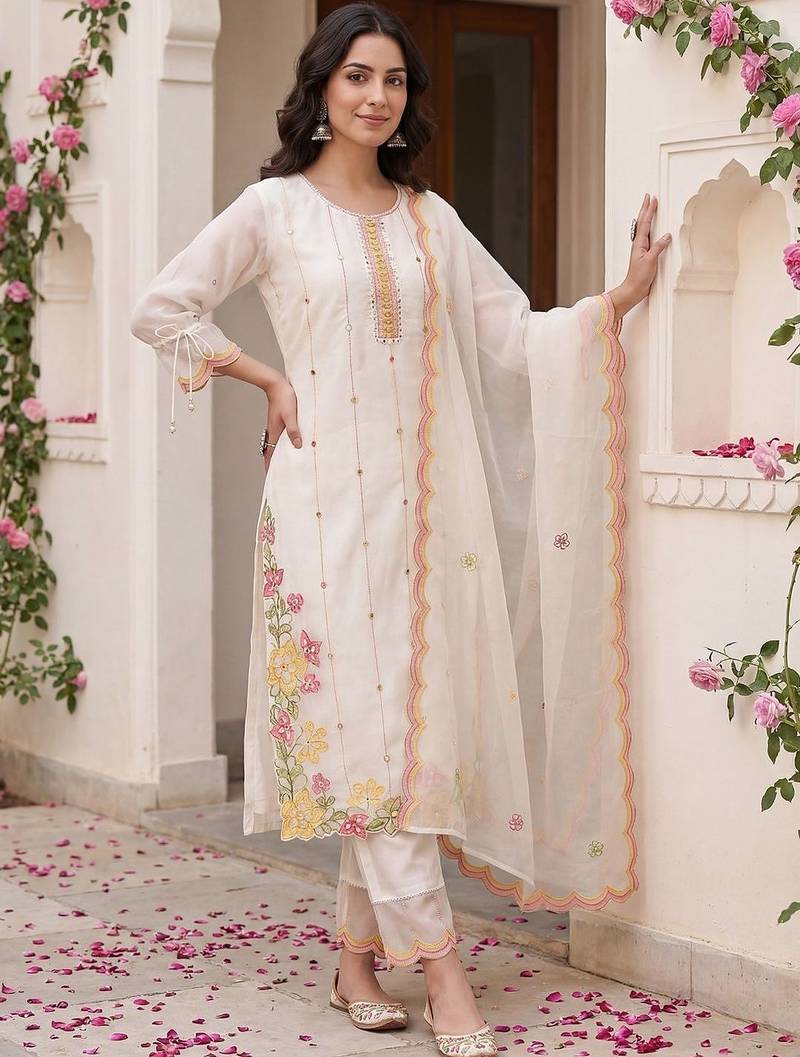 Women Floral Embroidered Regular Mirror Work Kurta with Trousers & With Dupatta