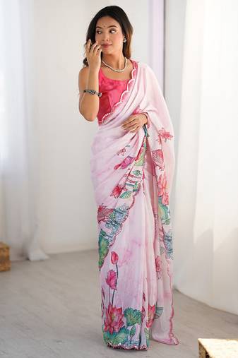 pink heavy chiffon mirror work saree