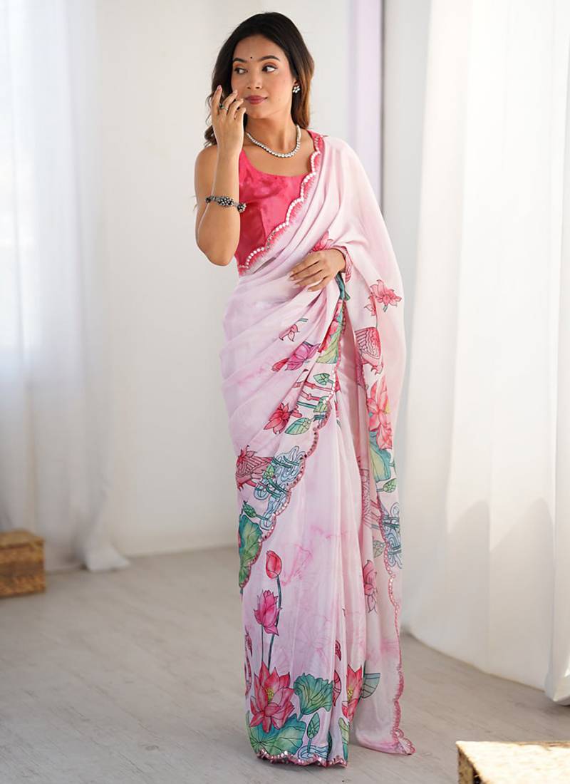 pink heavy chiffon mirror work saree