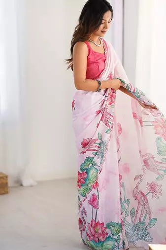 pink heavy chiffon mirror work saree