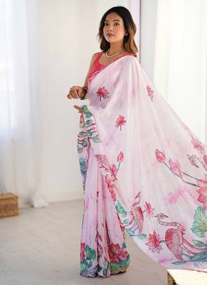 pink heavy chiffon mirror work saree 3
