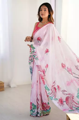 pink heavy chiffon mirror work saree