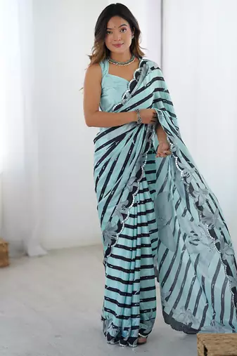 aqua blue heavy chiffon mirror work saree