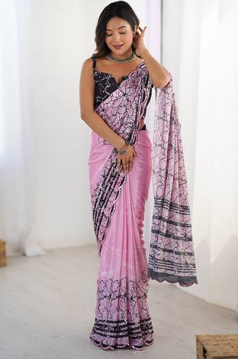 pink heavy chiffon mirror work saree