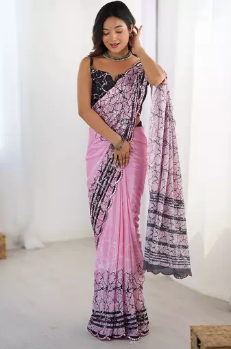 pink heavy chiffon mirror work saree