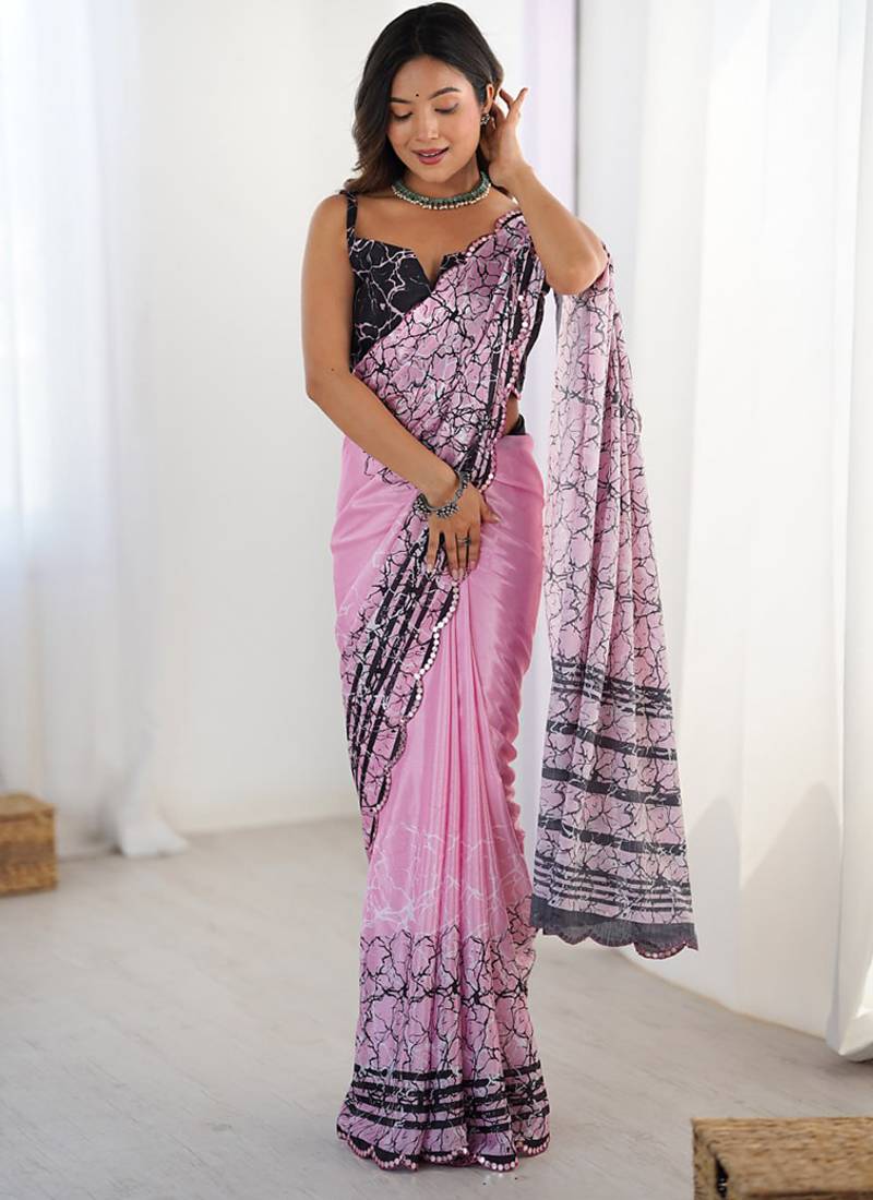 pink heavy chiffon mirror work saree