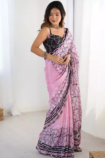 pink heavy chiffon mirror work saree