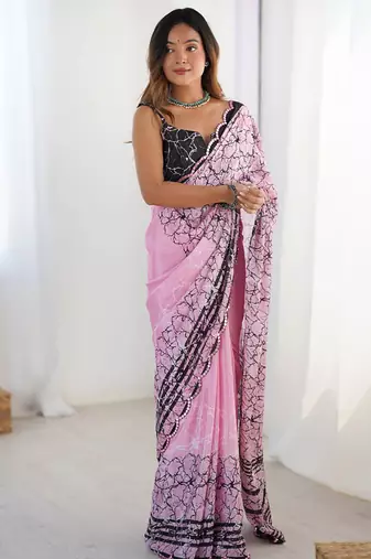 pink heavy chiffon mirror work saree