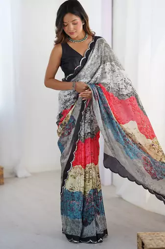 multicolor heavy chiffon mirror work saree