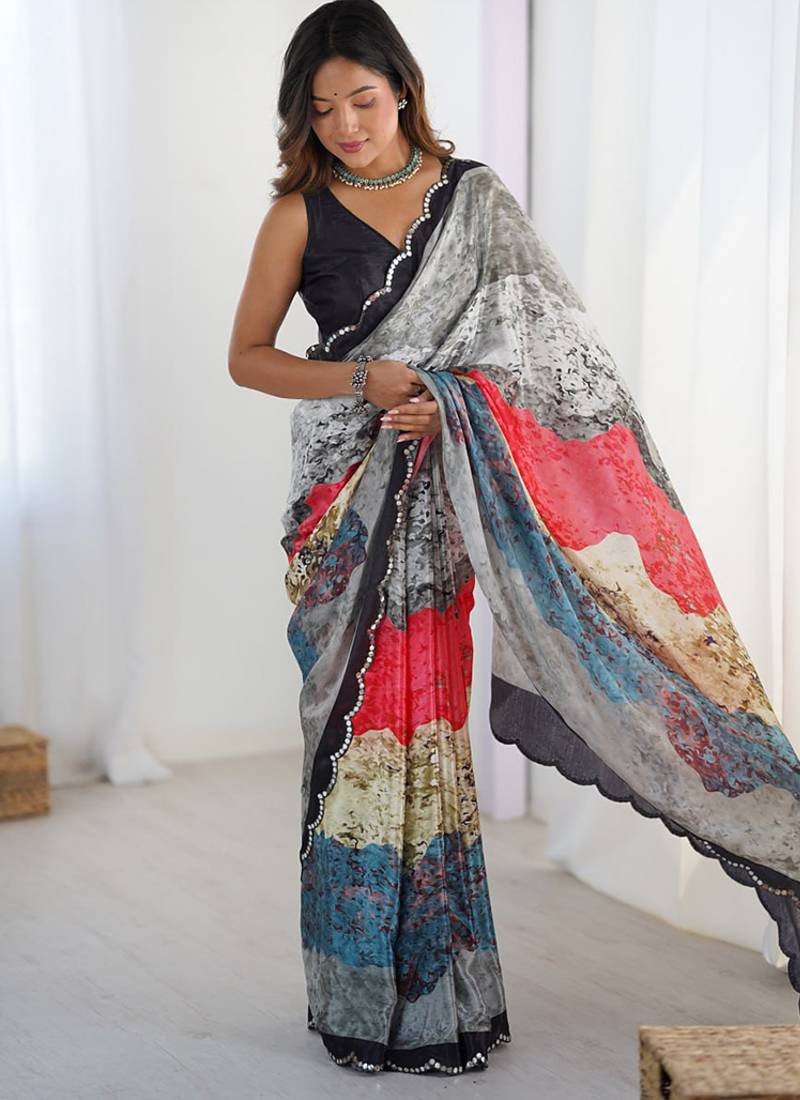 multicolor heavy chiffon mirror work saree