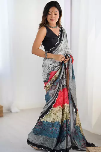 multicolor heavy chiffon mirror work saree