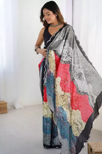 multicolor heavy chiffon mirror work saree