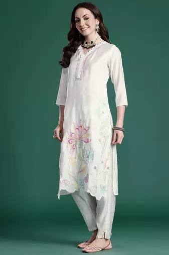 Floral Embroidered Thread Work Kurta with Trousers & With Dupatta