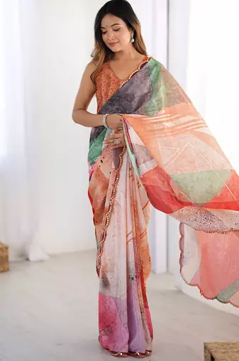 multicolor heavy chiffon mirror work saree