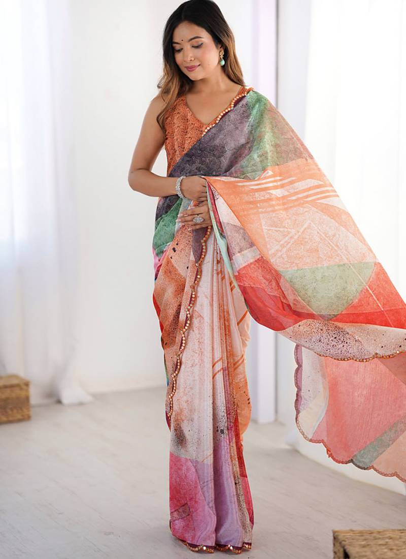 multicolor heavy chiffon mirror work saree