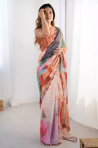 multicolor heavy chiffon mirror work saree