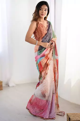 multicolor heavy chiffon mirror work saree