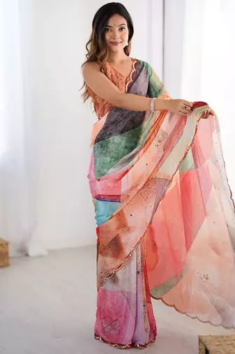 multicolor heavy chiffon mirror work saree