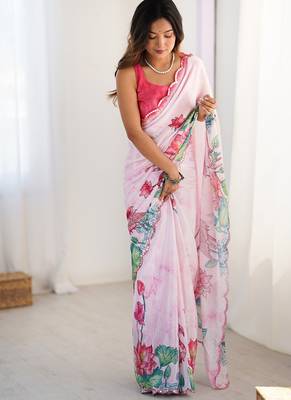 pink heavy chiffon mirror work saree 1