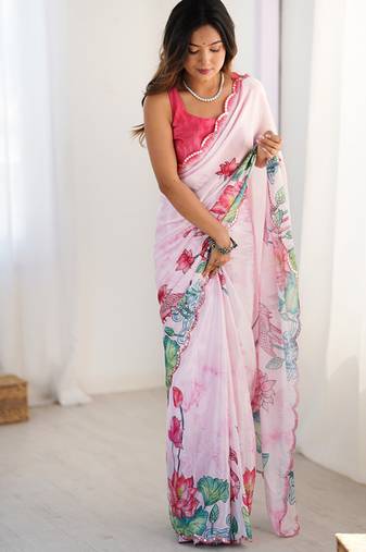 pink heavy chiffon mirror work saree