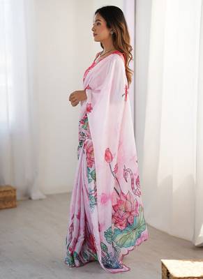 pink heavy chiffon mirror work saree 2