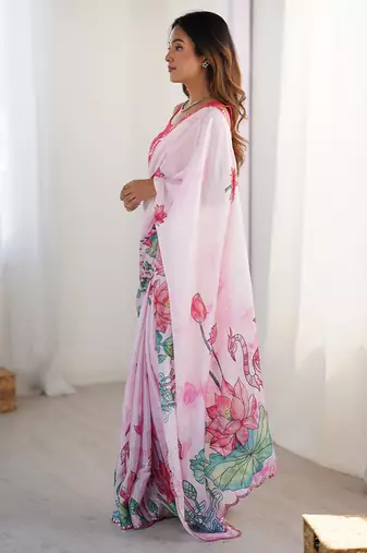 pink heavy chiffon mirror work saree
