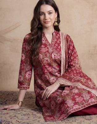 Women Floral Printed Angrakha Pure Cotton Kurta with Trousers & With Dupatta 1