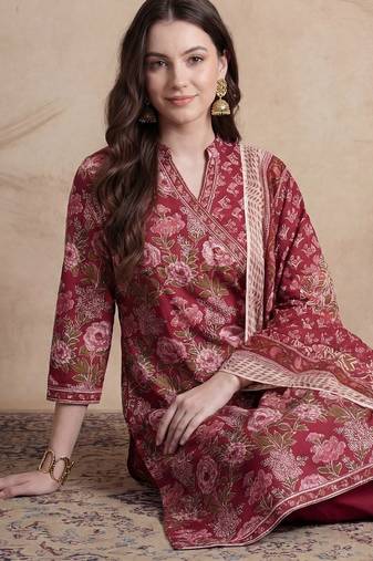 Women Floral Printed Angrakha  Cotton Kurta with Trousers & With Dupatta