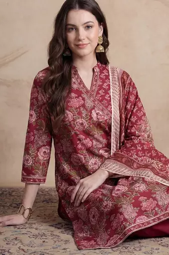 Women Floral Printed Angrakha Pure Cotton Kurta with Trousers & With Dupatta