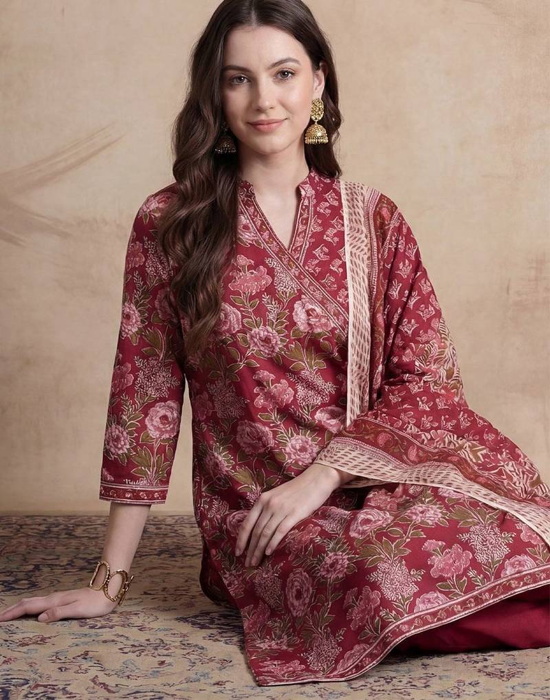 Women Floral Printed Angrakha Pure Cotton Kurta with Trousers & With Dupatta