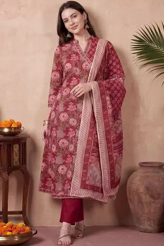 Women Floral Printed Angrakha Pure Cotton Kurta with Trousers & With Dupatta