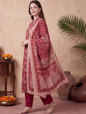 Women Floral Printed Angrakha Pure Cotton Kurta with Trousers & With Dupatta 4