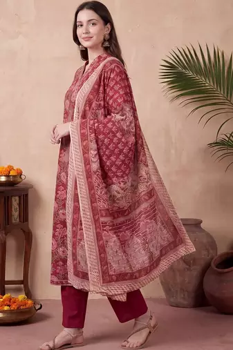 Women Floral Printed Angrakha Pure Cotton Kurta with Trousers & With Dupatta