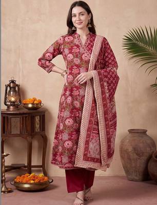 Women Floral Printed Angrakha Pure Cotton Kurta with Trousers & With Dupatta 5