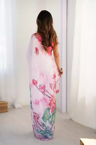 pink heavy chiffon mirror work saree