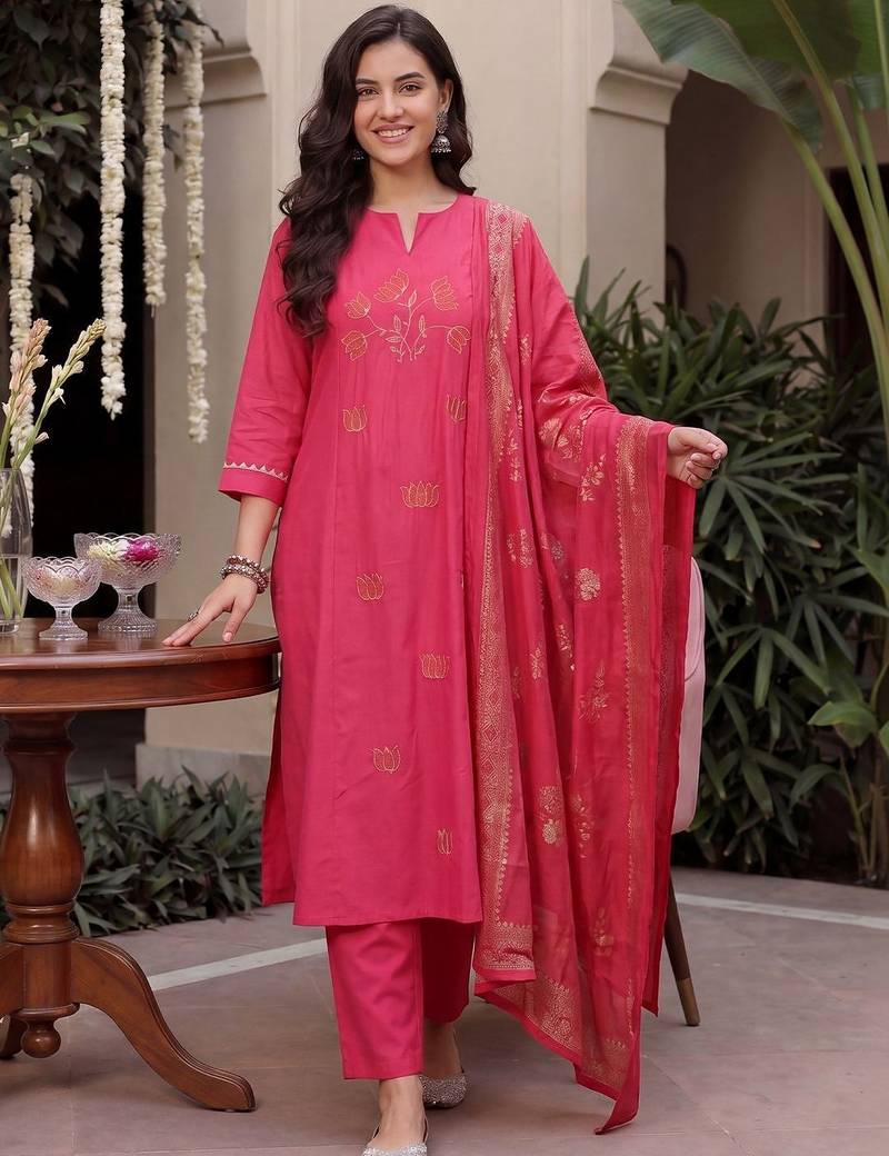 Women Ethnic Motifs Embroidered Regular Thread Work Kurta with Trousers & With Dupatta