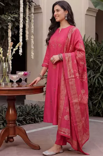 Women Ethnic Motifs Embroidered Regular Thread Work Kurta with Trousers & With Dupatta