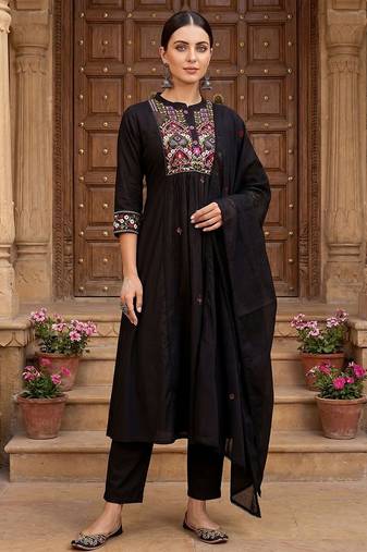 Women Ethnic Motifs Embroidered Regular Thread Work  Cotton Kurta with Trousers & With Dupatta
