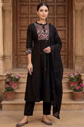 Women Ethnic Motifs Embroidered Regular Thread Work Pure Cotton Kurta with Trousers & With Dupatta