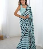 aqua blue heavy chiffon mirror work saree