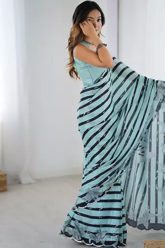 aqua blue heavy chiffon mirror work saree