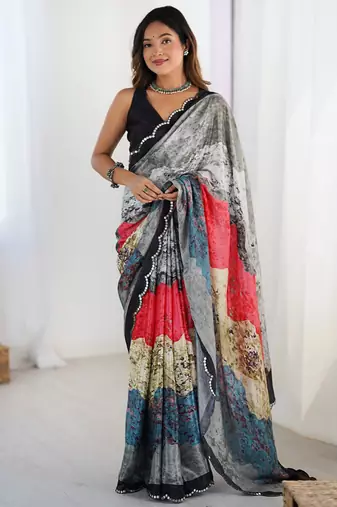 multicolor heavy chiffon mirror work saree