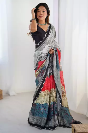 multicolor heavy chiffon mirror work saree